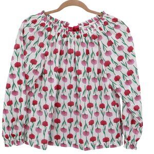 J. Crew White Floral Peasant Blouse with Red and Pink Blooms